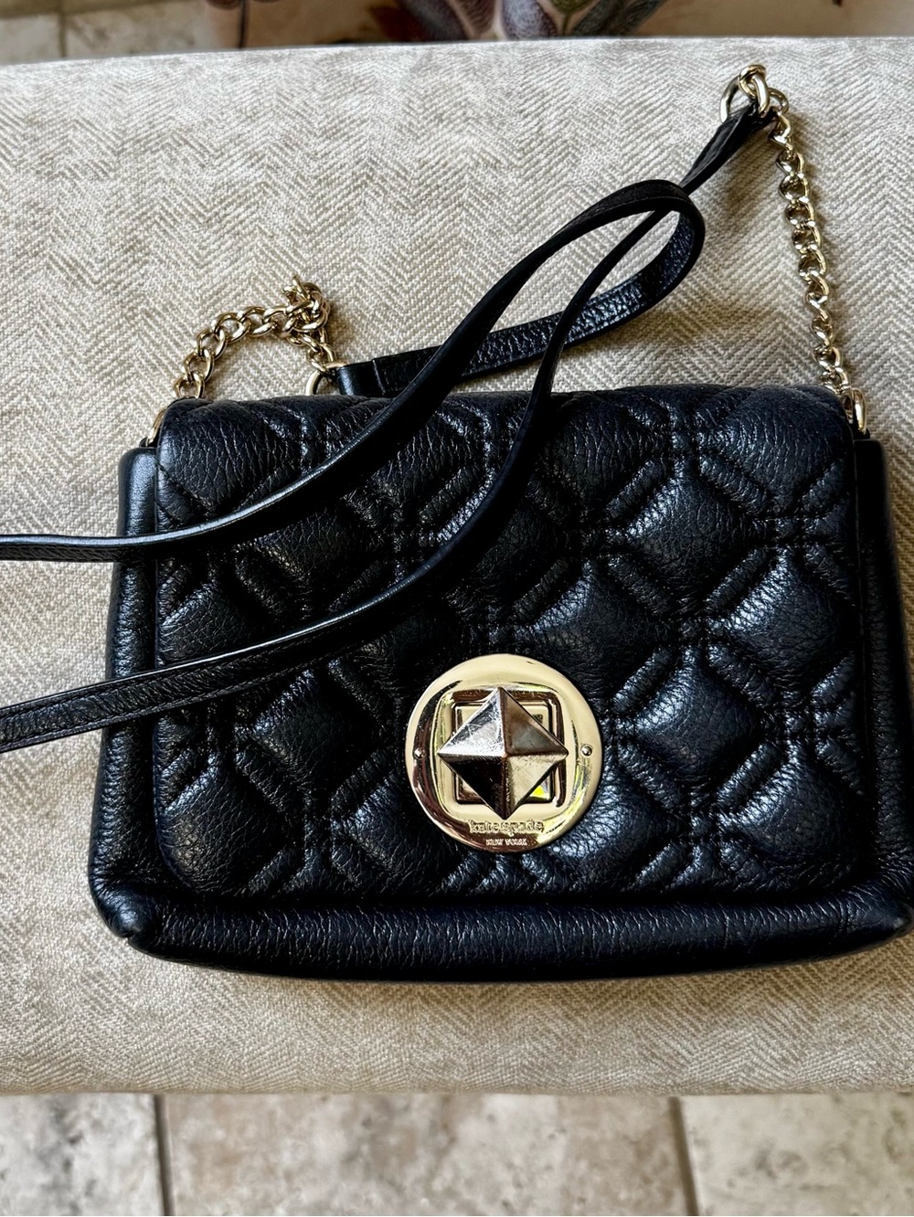 Kate Spade vintage Quilted Black Leather Crossbody Bag with Gold Accent